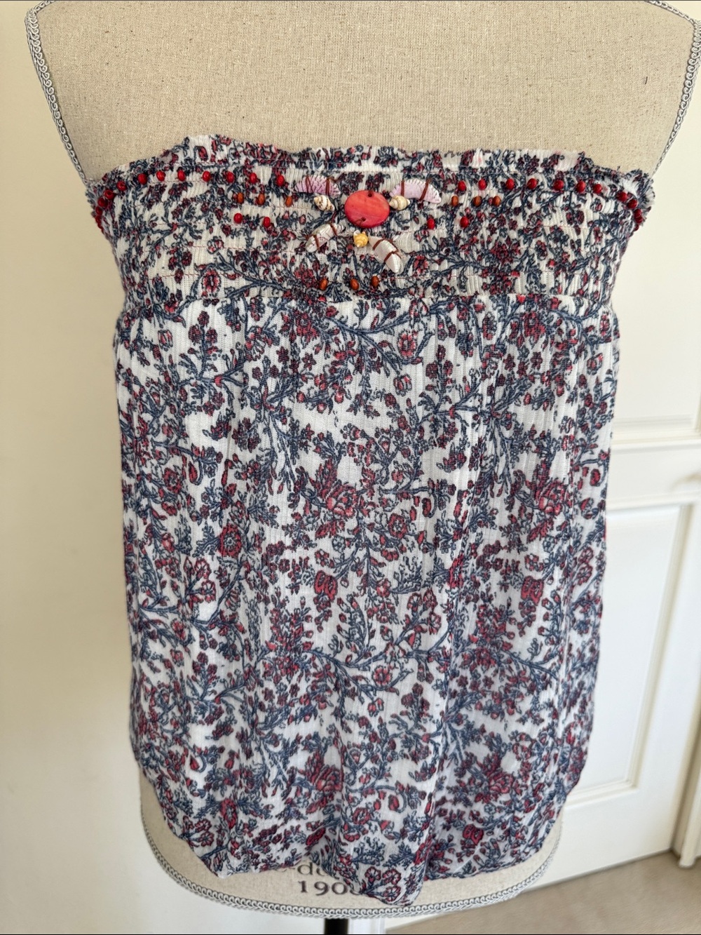 Smocked Strapless Floral Tube Top - White with Red and Blue Print